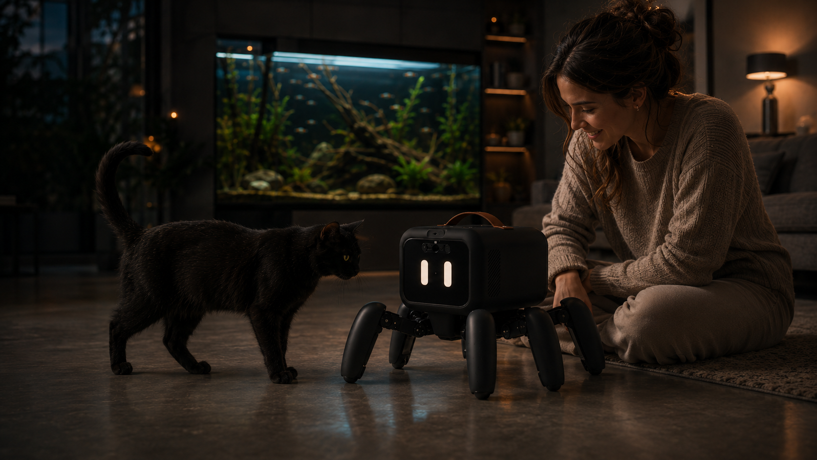 Echo, robot hexapode noir, face à un chat, une femme assise à côté
